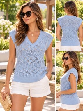 NWT Splendid Blue Open Knit Sweater Vest XS 100% Cotton V-Neck